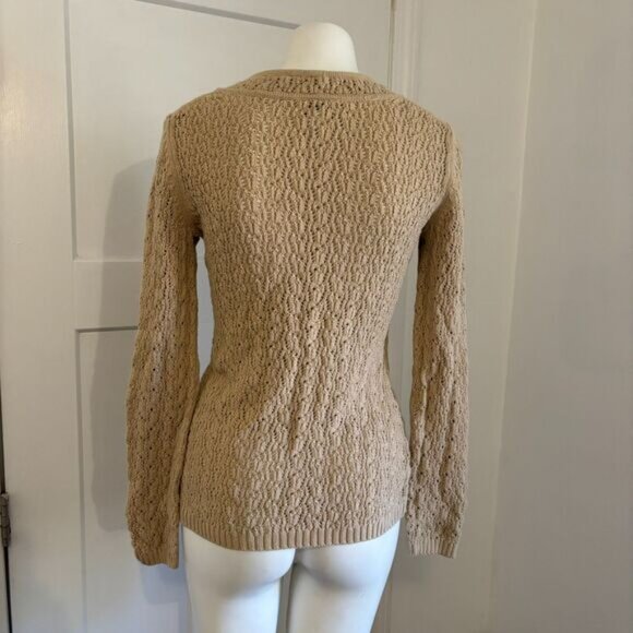 Y2K 2010s Ann Taylor Loft size XS Neutral Brown Open Knit Boho V Neck Sweater - Picture 2 of 7